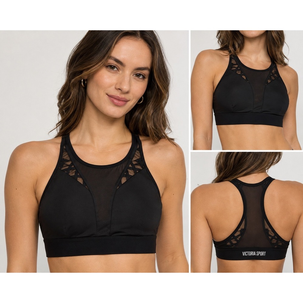 Victoria Sport Black Mesh High Neck Racerback Sports Bra Small 385552-093